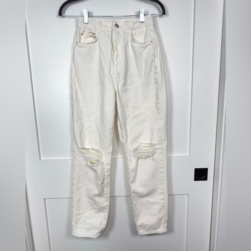 Zara Cream Straight Leg Ultra High Rise Distressed Cotton Jeans Size 2